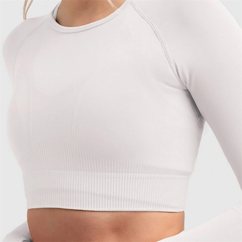 New Women′ S Long Sleeve Round Neck Sports T-Shirt Running Fitness Top Slim Fit Breathable Yoga Long Sleeve