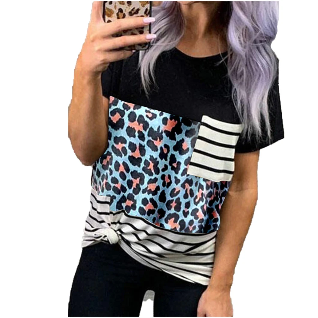 Summer Round Collar Pullover Leopard Patterned Patchwork Shirt Short Sleeve Woman