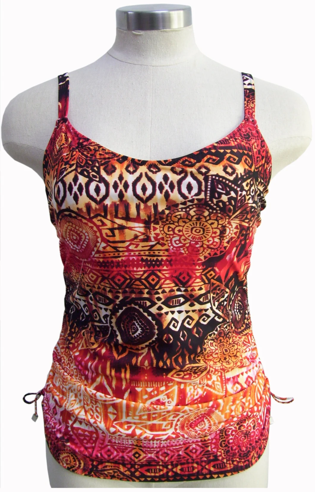 Ladies Two Pieces Swimwear Printed Tankini Top Contrast Printed Belt Solid Bottom